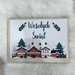 Drewniana tabliczka Wesołych świąt domki 37x26,5