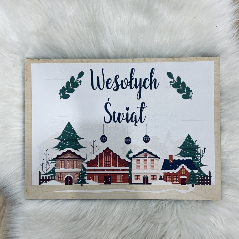 Drewniana tabliczka Wesołych świąt domki 37x26,5 Drewniana tabliczka Wesołych świąt domki 37x26,5